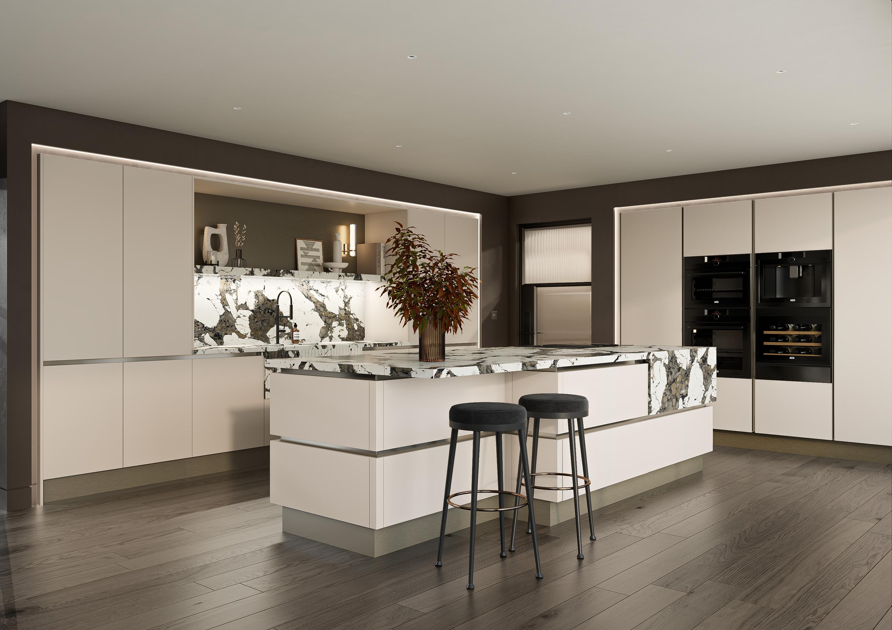 Let your imagination run wild! Image of a cutting edge kitchen design with marble effect and cream finish