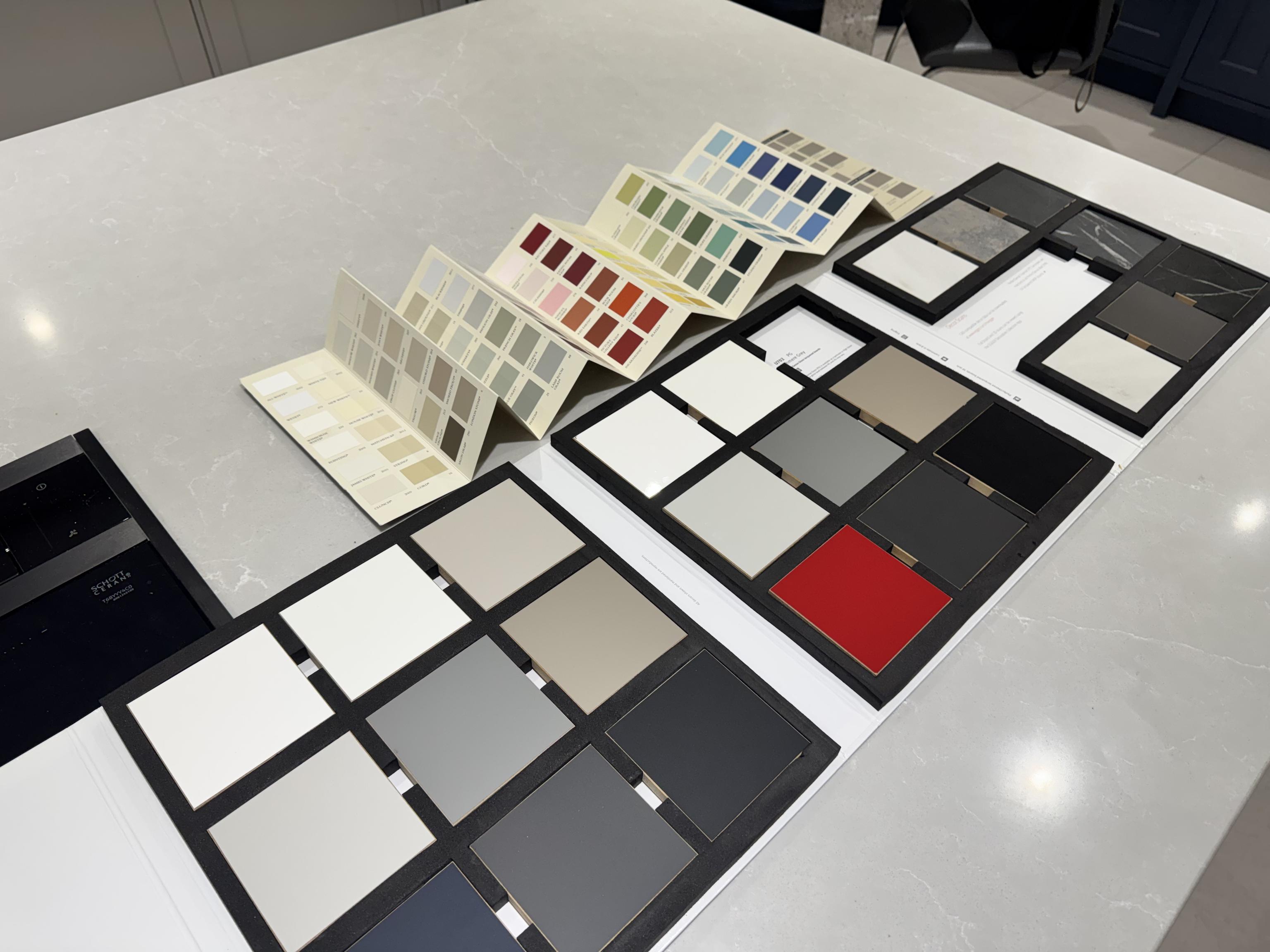 A selection of available finishes as seen in our Mytchett Showroom